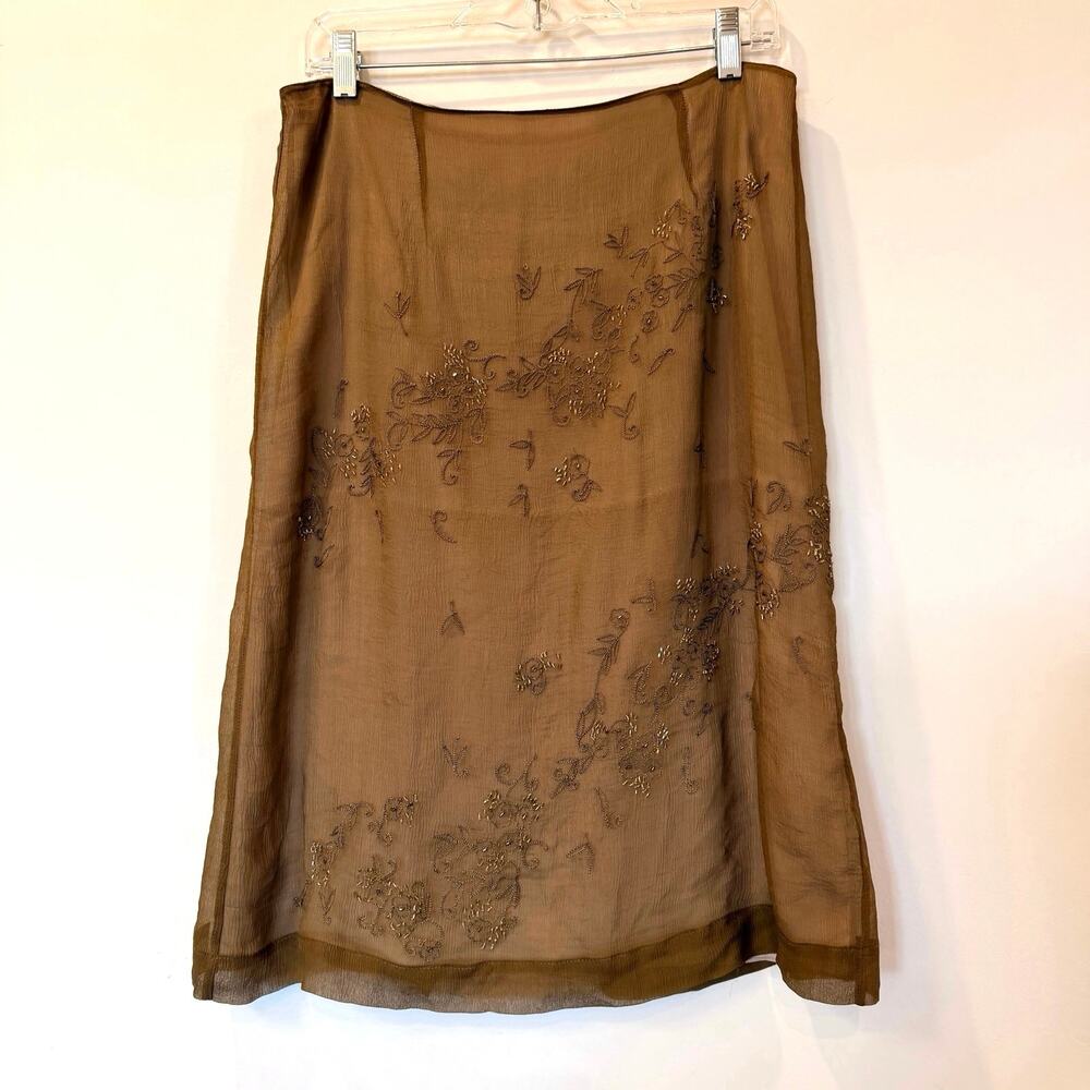Vtg Y2K 100% silk beaded embroidered knee length skirt 12 olive green brown
